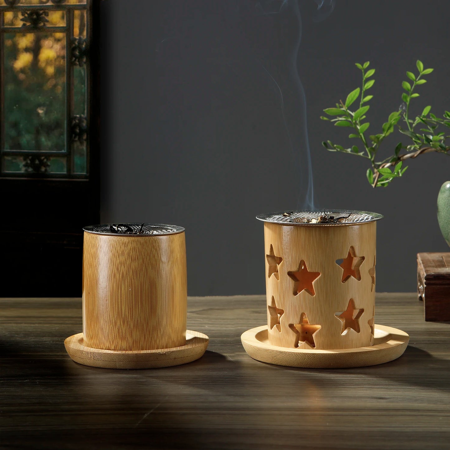 Bamboo candle holder with incense burner for aromatherapy and yoga