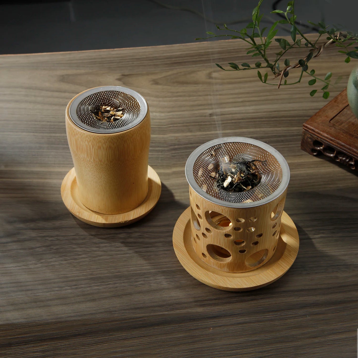 Bamboo candle holder with incense burner for aromatherapy and yoga